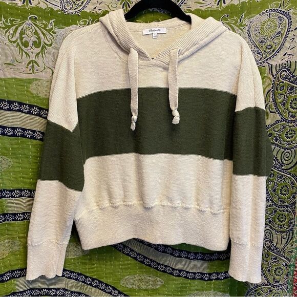 Madewell Clairview Cream and Green Colorblock Cropped Knit Sweater Size Large - Picture 4 of 13